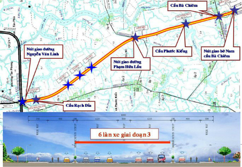 Đoạn đường từ Nguyễn Văn Linh đến cầu Bà Chiêm ở cửa ngõ phía Nam TP HCM được đề xuất đầu tư theo hợp đồng BT với số vốn gần 8.500 tỷ đồng.